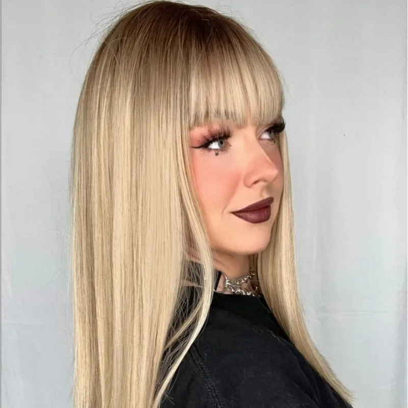 13×4 gerade dunkle Wurzel natürliche Pony Perücke Mittelteil seidig gerade mit Pony braune Perücke hitzebeständige synthetische Lace-Front-Perücke