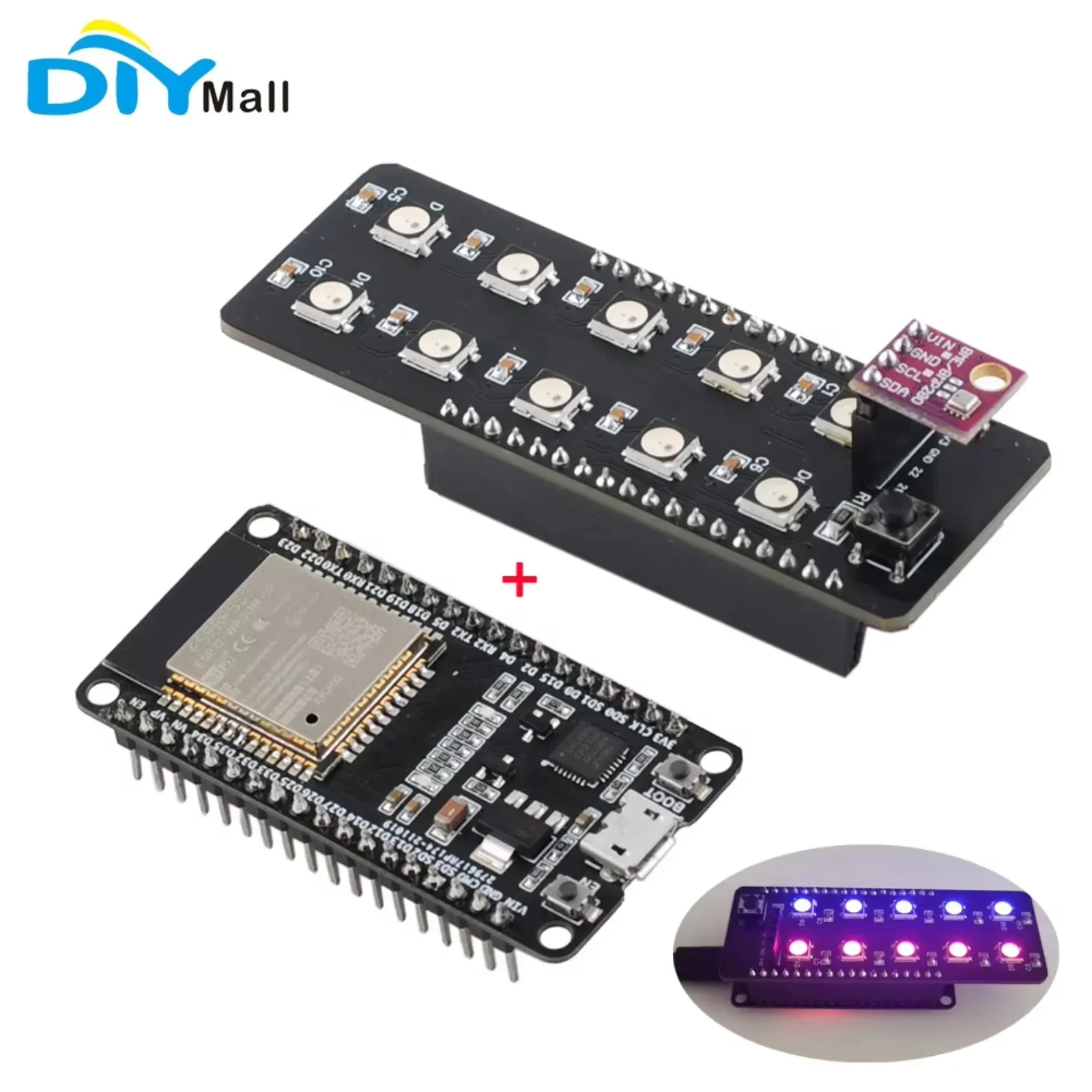 WS2812 Addressable RGB LED Shield + 18Pin DEVIT V1 ESP32 Development Board + GY-1-5V Pressure Humidity Temperature Sensor