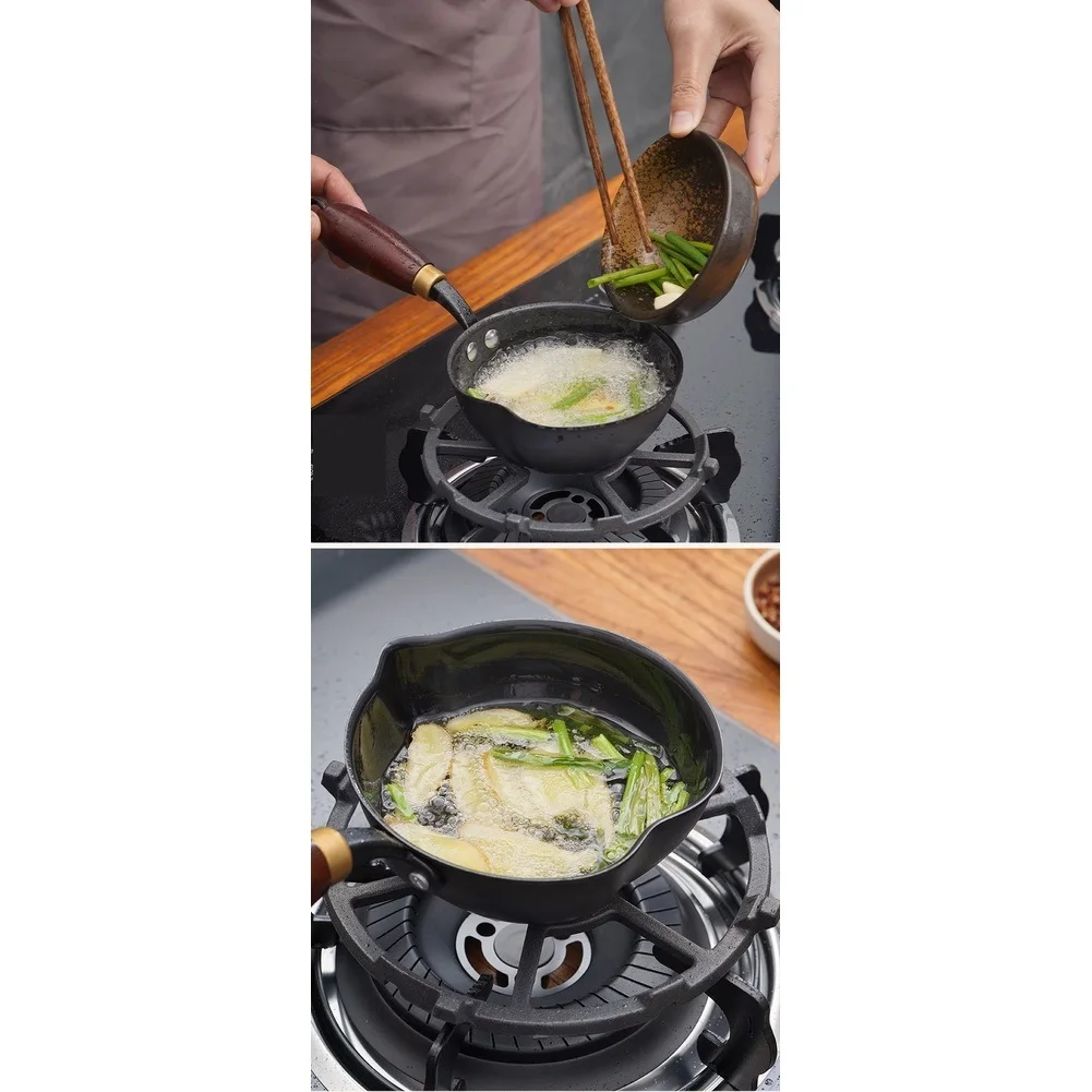 مقبض خشبي صغير على شكل قلب من الحديد الزهر لقلي الزيت والتوابل حتى توزيع الحرارة وصنبور مقاوم للانسكاب #3