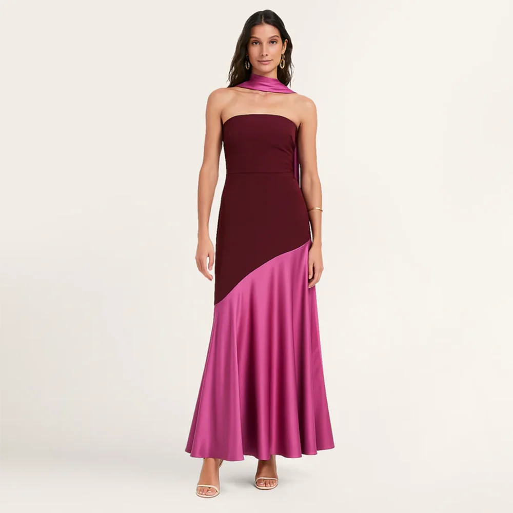 

Contrast Color Strapless Backless Sleeveless Evening Dresses with Ribbon Prom Gowns A-line Ankle Lenght Party Dress Customized