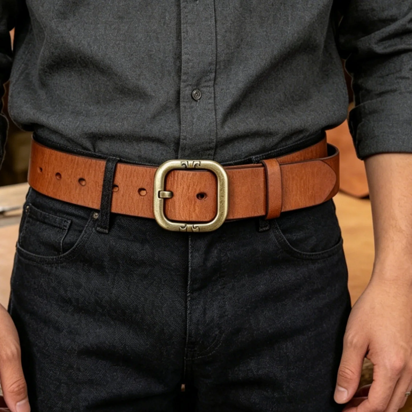 Men's genuine leather casual belt with solid brass pin buckle, embossed pattern, made of top-grain cowhide