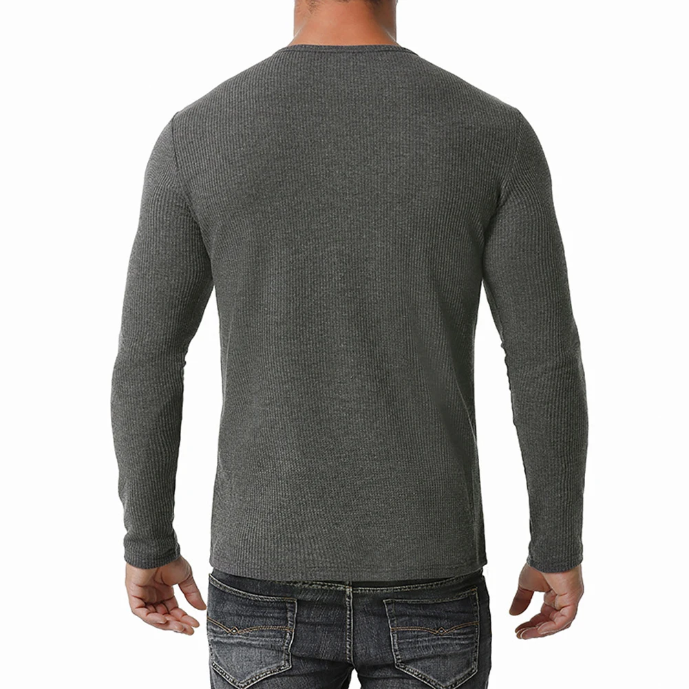 Mens Long Sleeve Ribbed Henley Shirts Tops Button Pullover Undershirt T Shirt Stretch Workout Slim Fit Muscle Casual Tees