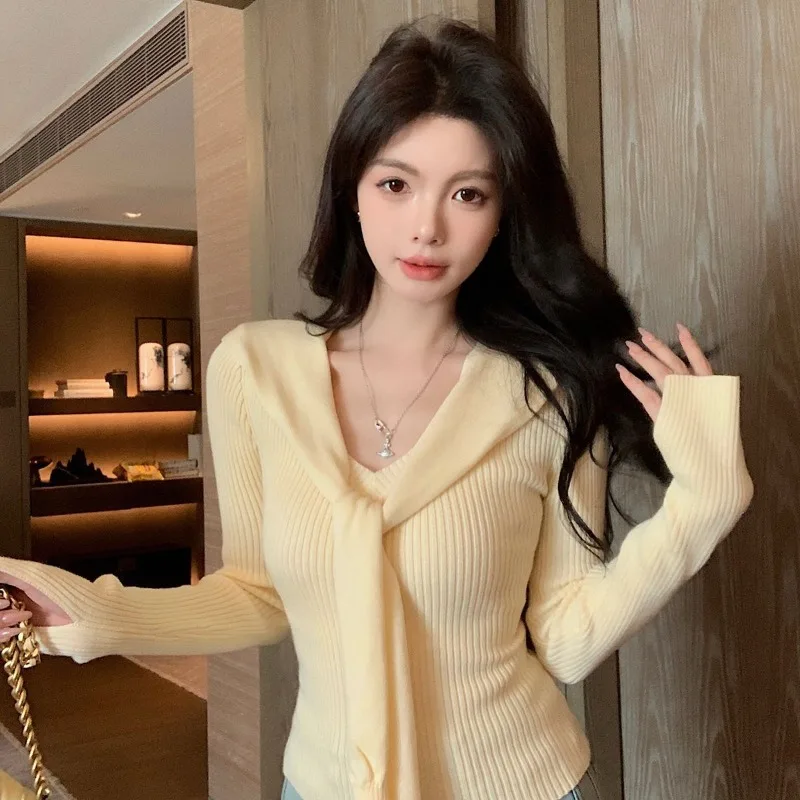 

Женская одежда, весенне-осенняя модная простота, однотонные женские пуловеры с v-образным вырезом, универсальные темпераментные тонкие пуловеры с винтовой резьбой, топы
