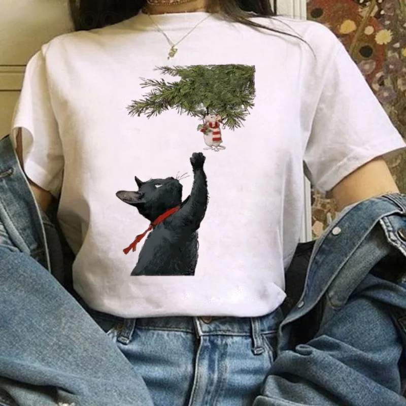 

Simple Cartoon Pattern Women's Cute 90s Short Sleeved T-Shirt Casual O-Neck Top Christmas Cat Print Trendy and Fun Style T-Shirt
