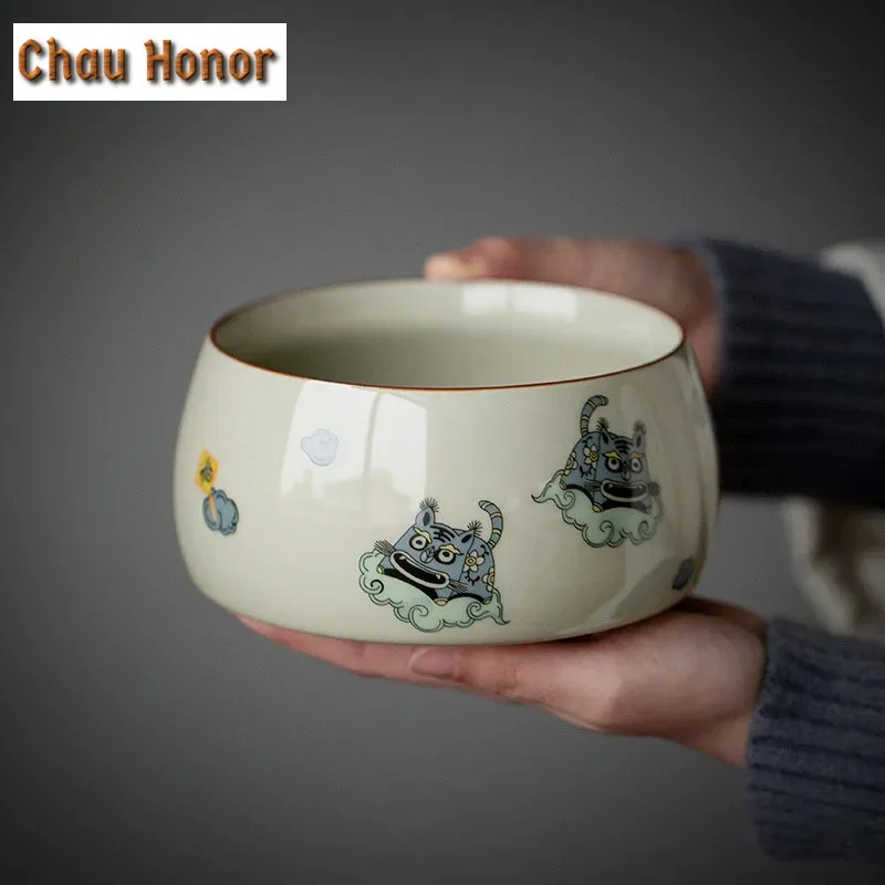 900ml Boutique Honey Glaze Tiger Art Ceramic Tea Wash Basin Household Tea Residue Bucket Porcelain Kung Fu Teaset New Years Gift