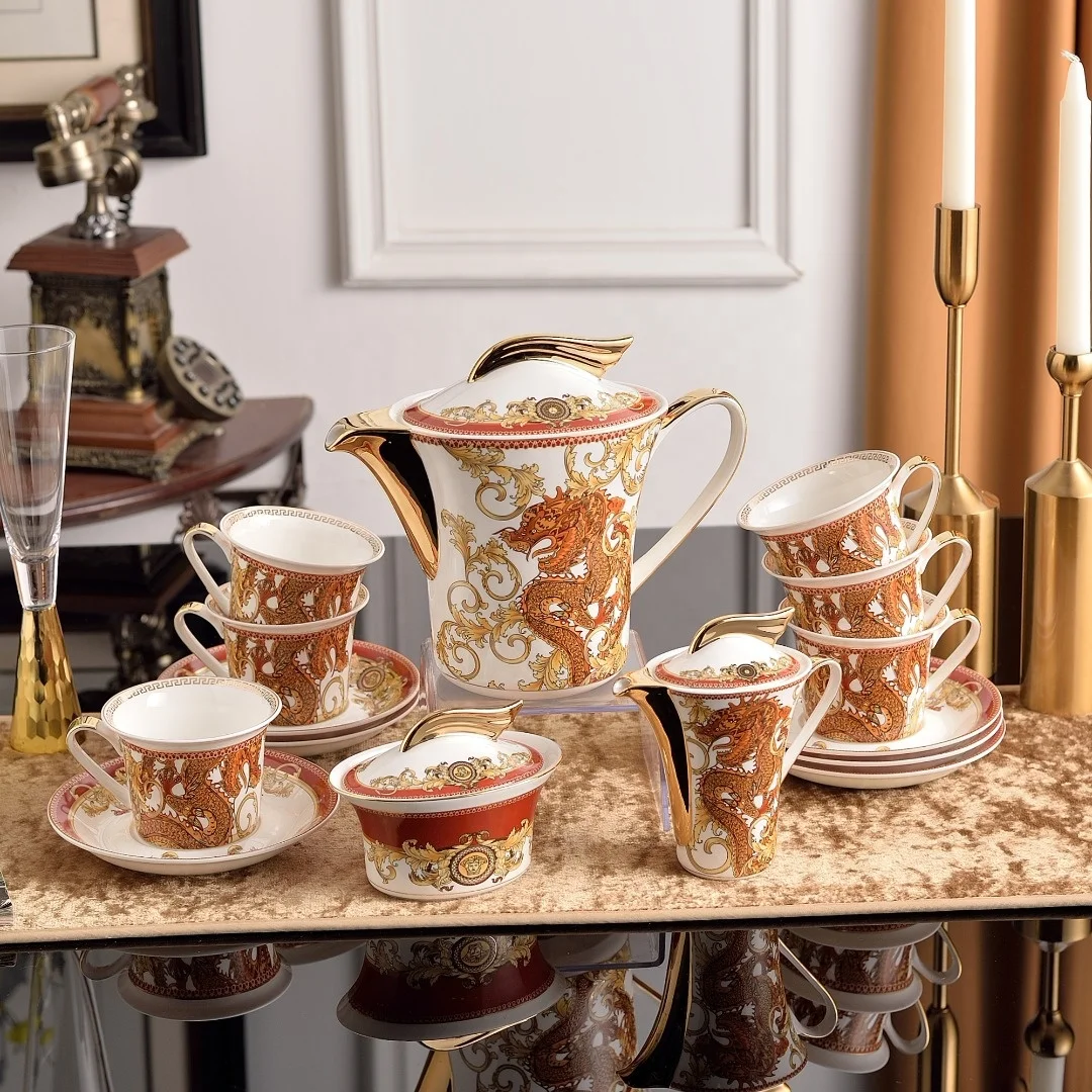 Wholesale  Luxury Royal Dragon Pattern Home Decors Ceramic Gold Handle Coffee Tea Set