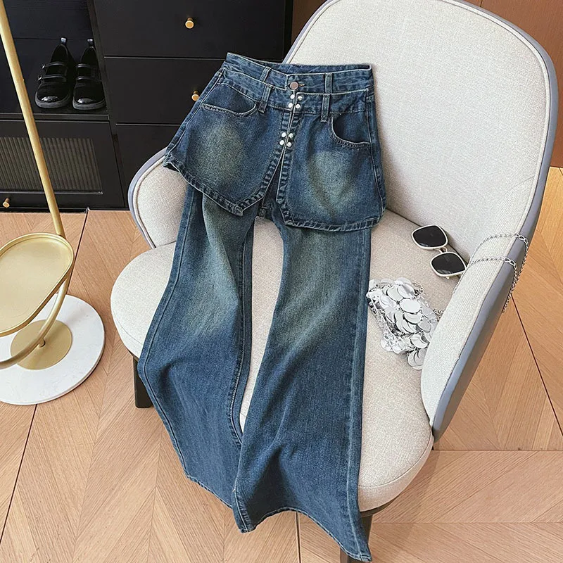 Fake Two Piece Vintage Denim Blue Pants Y2k High Waist Straight Jeans for Women 2024 Summer New Loose Wide Leg Pants