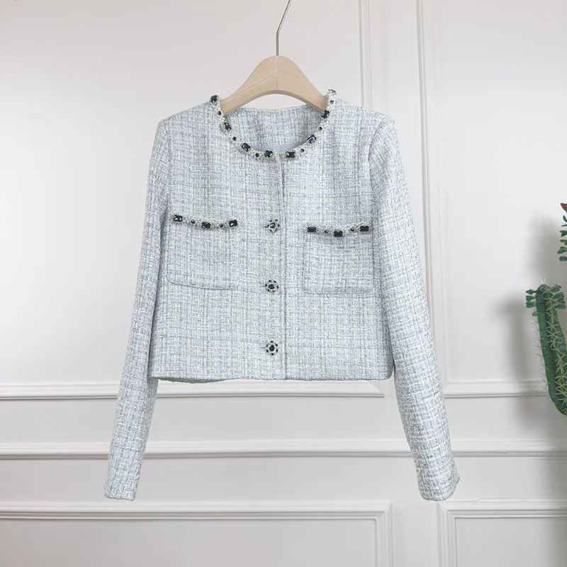 

New Fragrance Pink Blue Braided Round Neck Diamond Short Coat Women Fashion Sweet Luxury Long Sleeve Tweed French Lady Coat