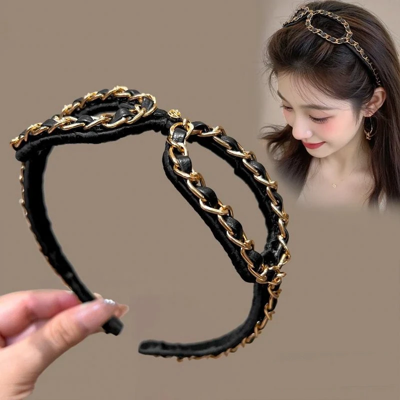 For Women Elegant Party Daily Hair Accessory Vintage Chain Leather Headband Hollow Sunglasses Shape Hair Hoop view 3
