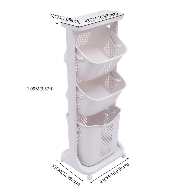 3-laags Kledingmand Opbergen C-Art Trolley Organizer Met Universele Wiel Vuile Wasmand Badkamer Huishouden