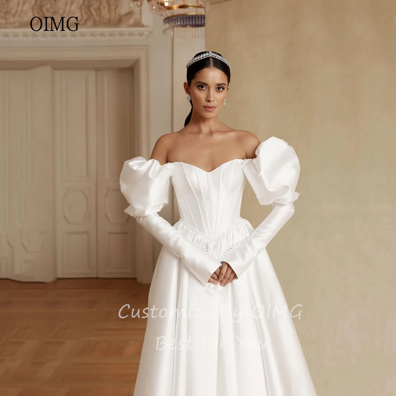 OIMG elegante marfil una línea vestido de novia de encaje fuera del hombro vestidos de novia mancha hasta el suelo vestidos de boda personalizados