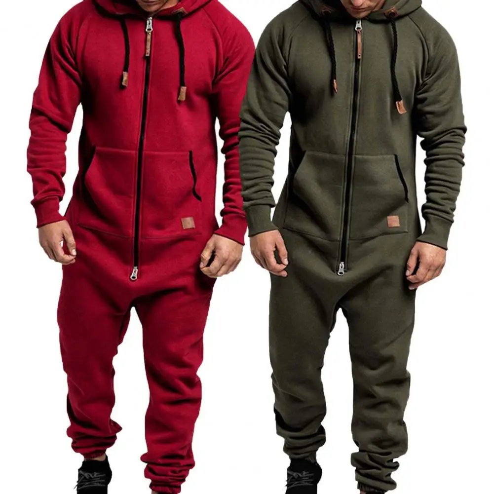 Mens Onesie Jumpsuit Pajamas Long Sleeve Sweatpants Pure Color Splicing Autumn Winter Casual Hoodie Male Zipper Jumpsuit