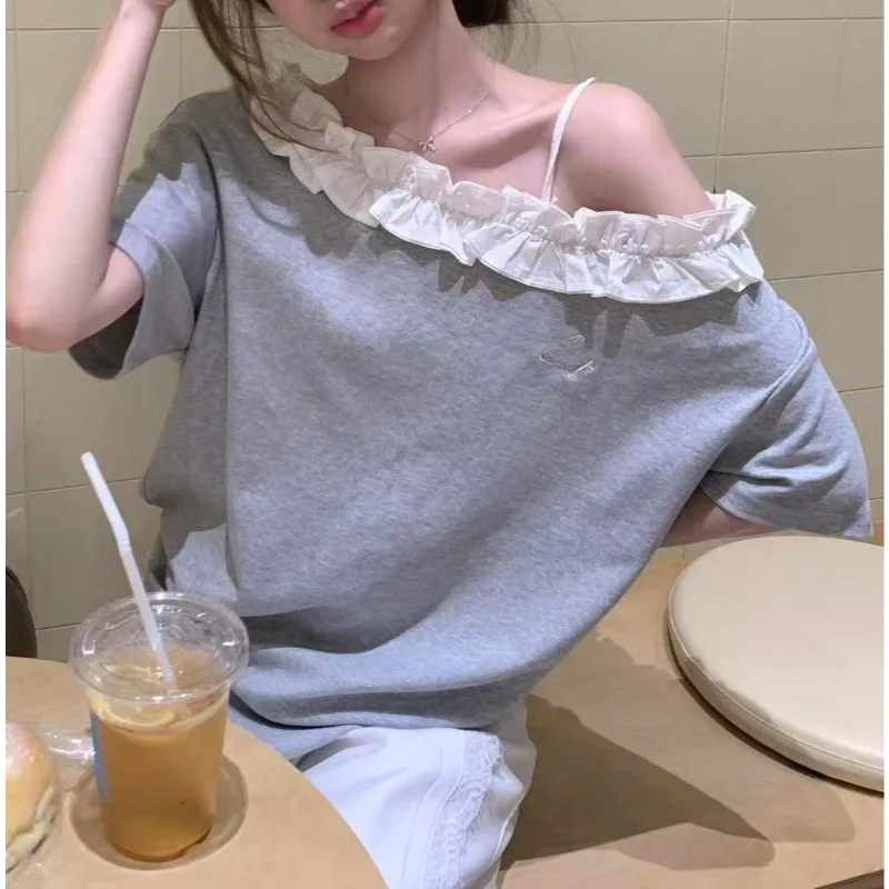 

Lace Slanted Shoulder Korean Gentle Wind Short-sleeved T-shirt Women's INS Super Fire Slim Babe Top Embroidery