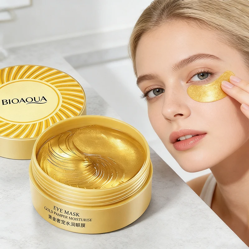 60pcs BIOAQUA Mascarilla de Ojos de Colágeno con Cristales de Oro, Anti-Ojeras, Elimina Bolsas en los Ojos, Hidratante, Parches Anti-Edad para el Cuidado de la Piel