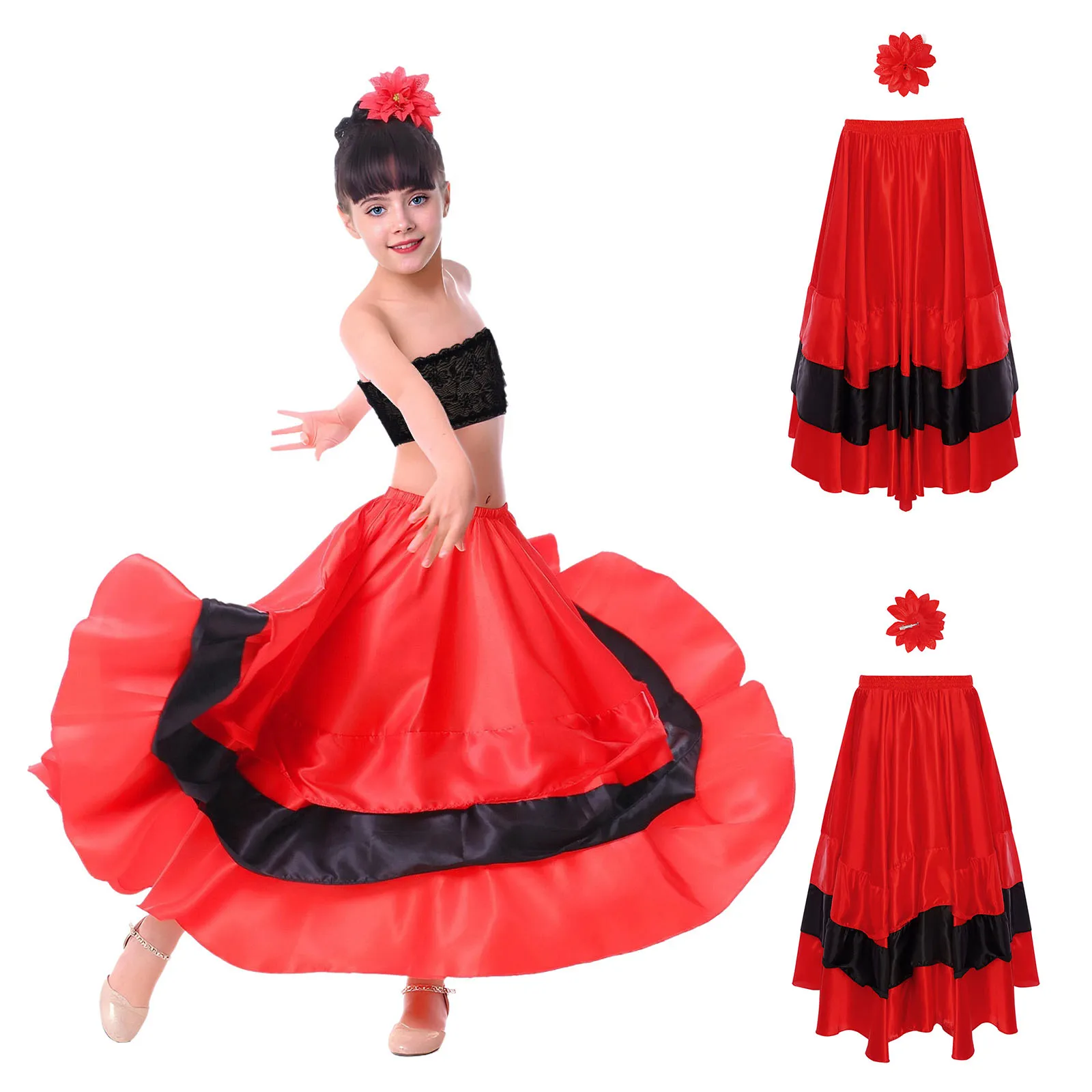 Kinderen Meisjes Flamenco Spaanse Dansvoorstelling Rokken Contrasterende Kleur Gelaagde Ruche Brede Zoom Rok En Hoofddeksels voor Danskleding