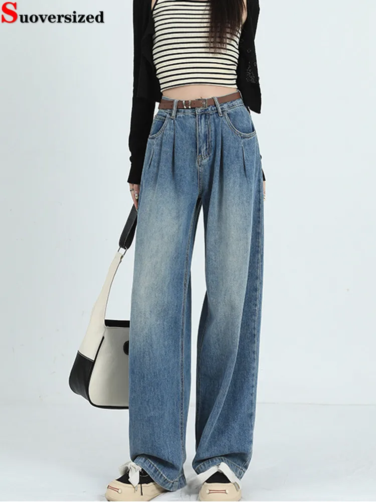 

Pleated Design Vintage Wide Leg jeans High Waist Loose Korea Casual Baggy Jeans Women Streetwear Fashion Straight Denim Pants