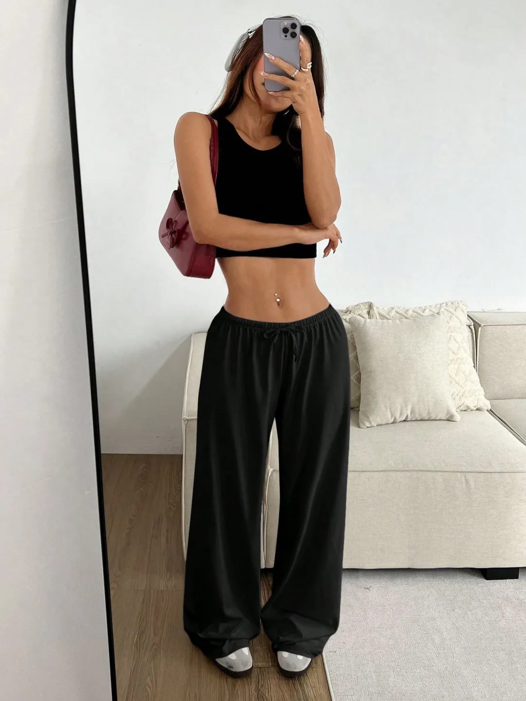 Exploding European and American women's clothing solid color trousers elastic waist lace-up wide-leg casual pants