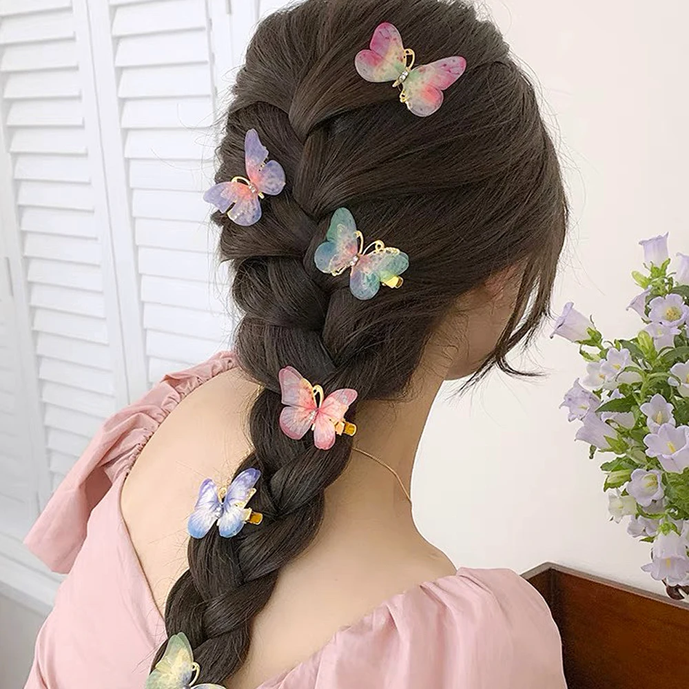 6pcs/Set Mini Simulation Butterfly Barrettes Hairpin Non-Slip Colorful Gradient Side Bangs Duckbill Clips For Baby Teen Girls