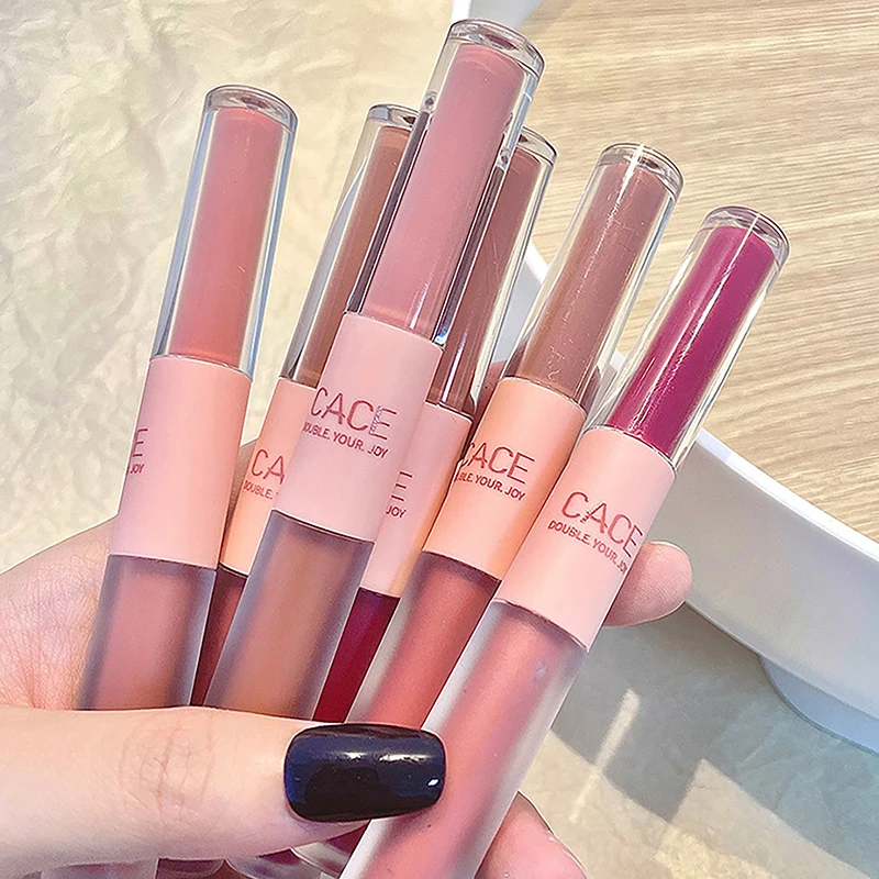 Double Head Waterproof Lip Gloss Set Matte Velvet Lipgloss Long Lasting Lip Glaze Sexy Red Tint Liquid Lipstick Korean Makeup