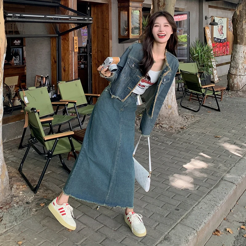 

Vintage Denim Jacket and Skirt Two Piece Sets 2023 Autumn New Women Streetwear Trendy Slim Casual Coat Long Skirts Outfit D238