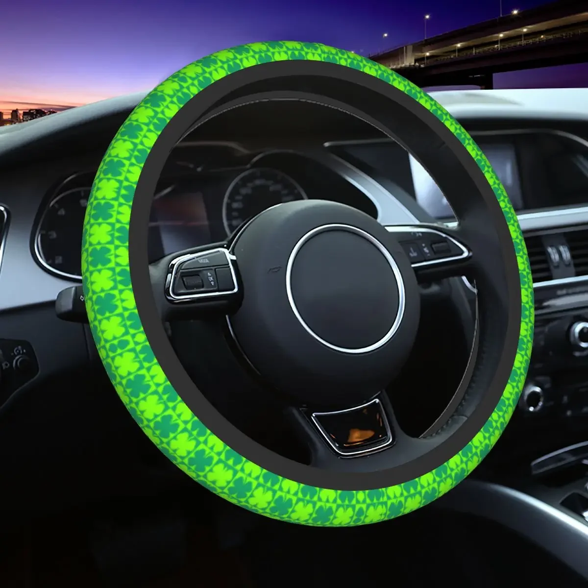 Four Leaf Clover Checkerboard Steering Wheel Cover Saint Patrick Day Shamrock Car Steering Wheel Protector Auto Accessories