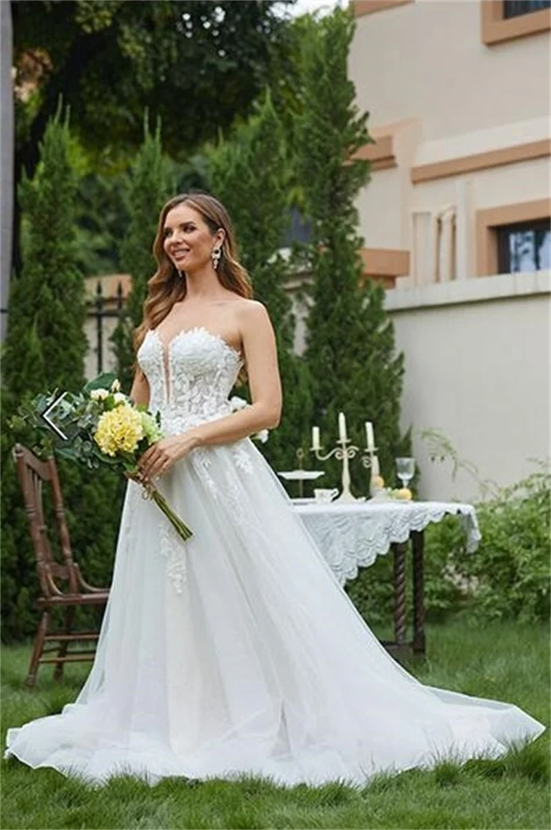 فساتين زفاف مخصصة بدون حمالات للعروس من التول مزينة بثوب حفلة للنساء فستان زفاف رسمي طويل