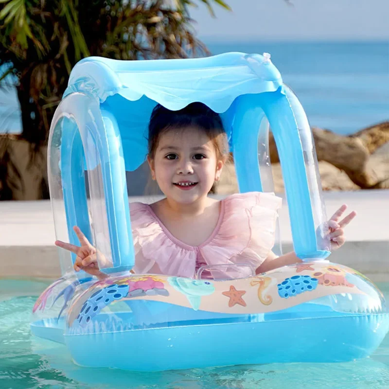 Baby Swimming Float with Sun Canopy Toddler Inflatable Swim Ring Pool Toys for 0-5Y Float Seat Kids Outdoor Water Fun Toys