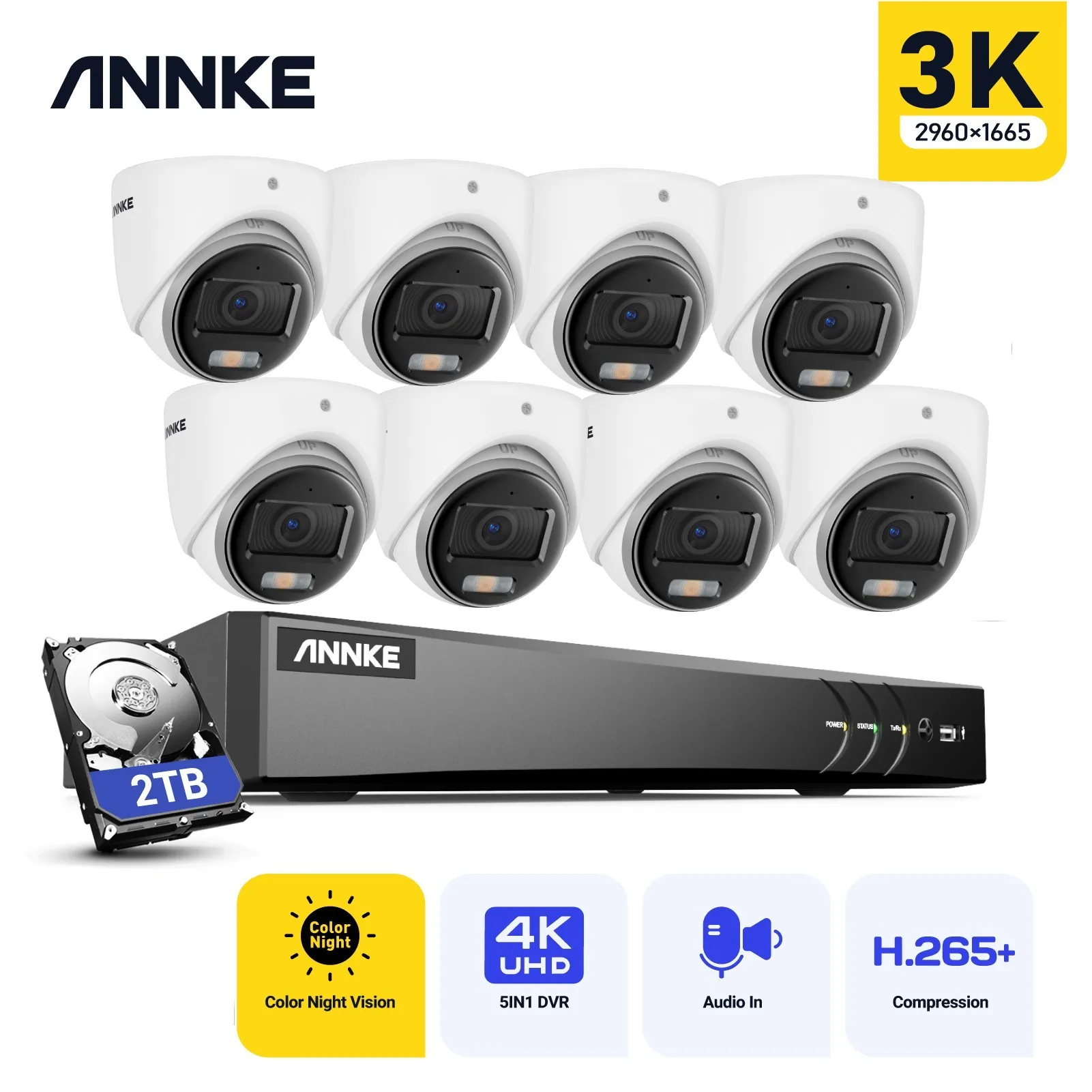 

ANNKE 8CH 5MP DVR Security Surveillance Kits 4/8Pcs 5MP Outdoor Cameras IP67 Weatherproof Color Night Vision Camera System Alarm