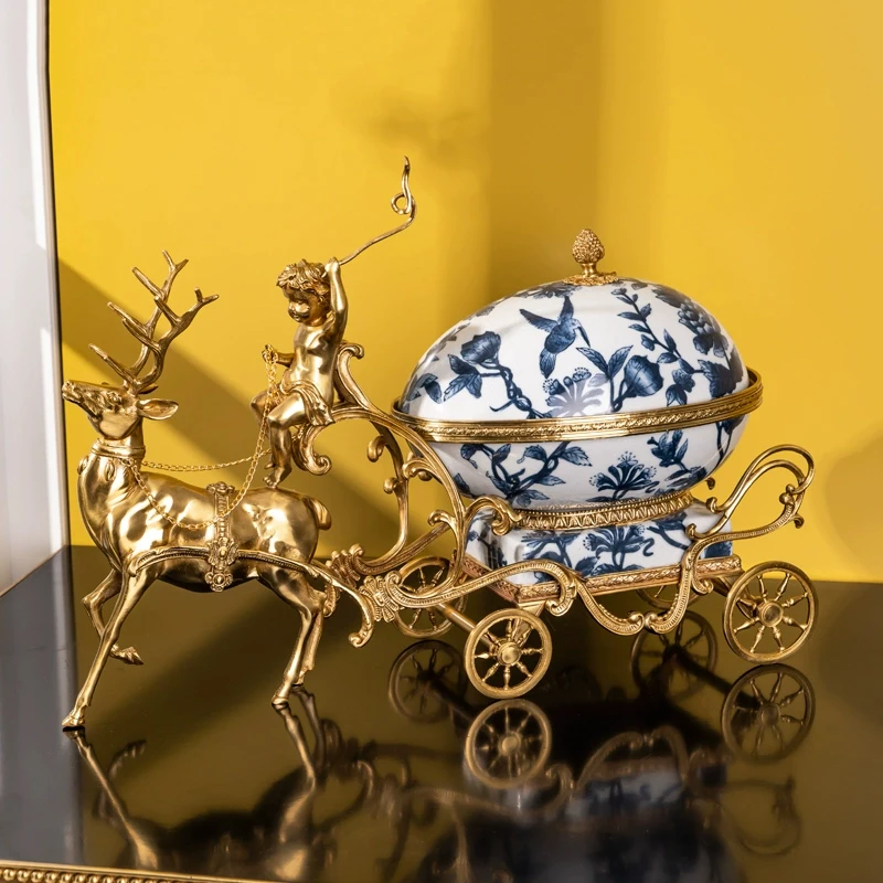 European Brass Porcelain Reindeer Angel Carriage Fruit Serving Plate Luxury Blue and White Chinoiserie Decor Bowl Table Ornament