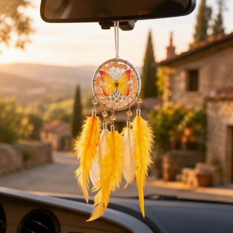Boho Dream Catcher Car Hanging Ornament Handmade Feather Pendant Rearview Mirror Decor Gift for Girls and Women