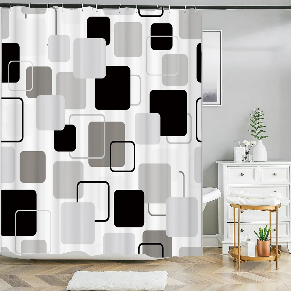 Black Shower Curtain Sets Grey and White Abstract Geometric Bath Curtains Bathroom Decor Toilet Lid Cover Non-Slip Rugs Mats