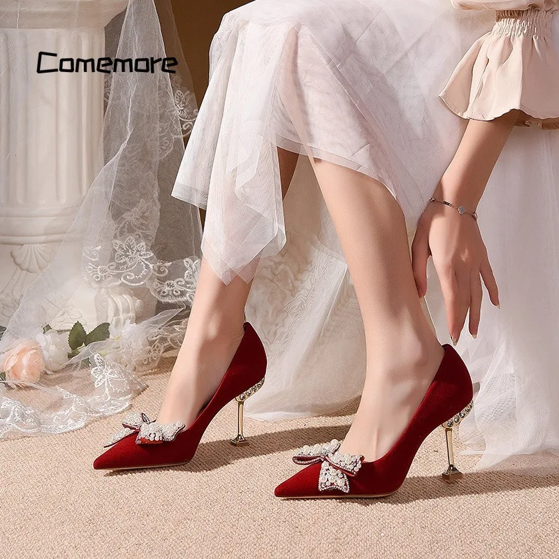 Comemore Women 2023 Spring Red Metal High Heels Wedding Elegant Shoes Woman Sexy Pointed Toe Pumps Ladies Sweet Bow Pearl Pumps