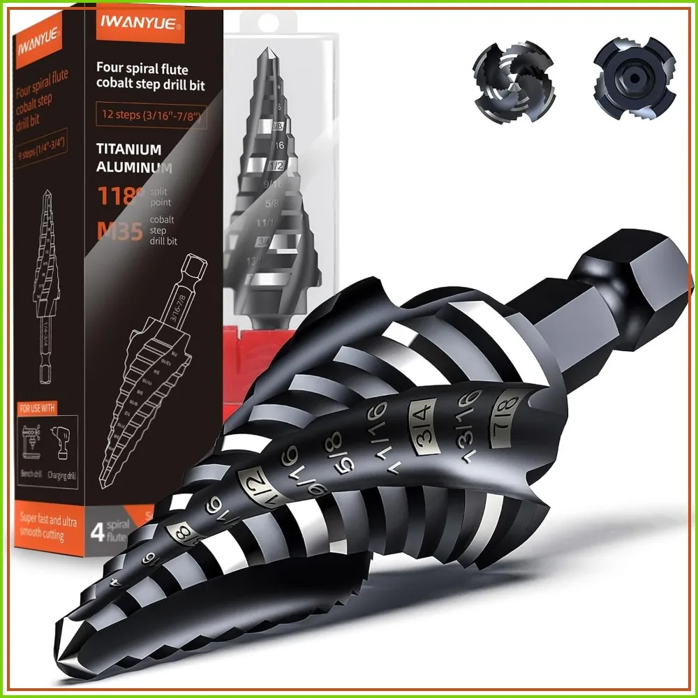 

M35 Cobalt Step Drill Bit Set, 4 Flute Unibit, 3/16"-7/8" for Stainless Steel & Wood