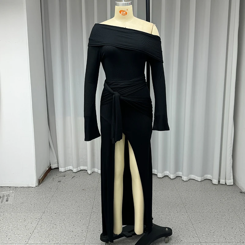 Ellafads Autumn Fashion Women Long Dress Solid One Shoulder Long Sleeve Nipped Waist Tie-Strap Slit Irregular Black Dresses