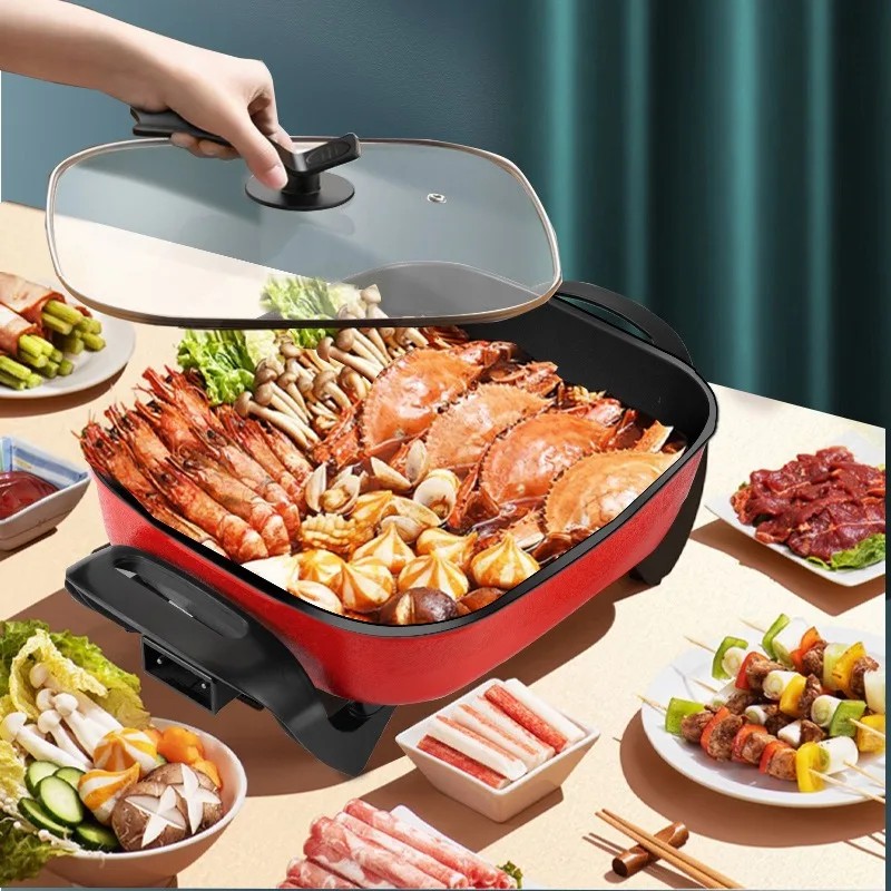 Multifunctional household square pot, rinse-roasted hot pot without oil fume