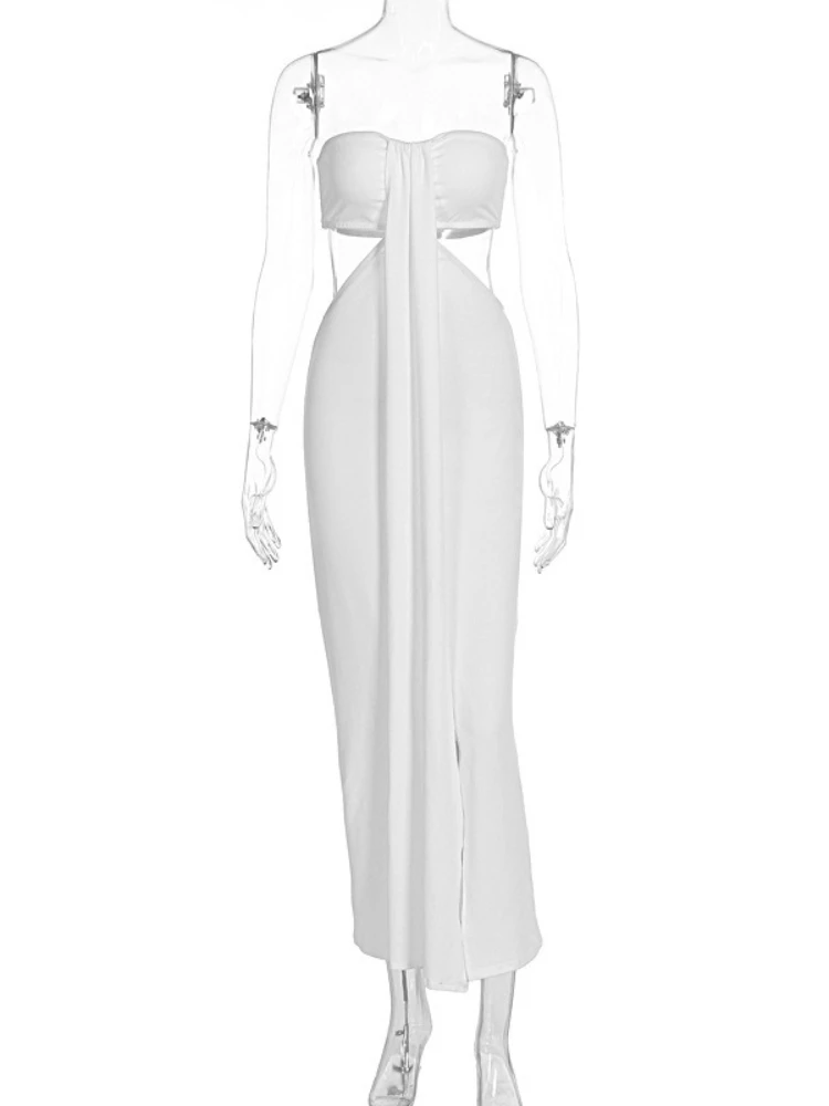 SsTss レディース ホワイト ストラップレスドレス セクシー カットアウト バックレス ノースリーブ スリム スリット パーティー マキシドレス 2025 夏 ファッション ビーチドレス