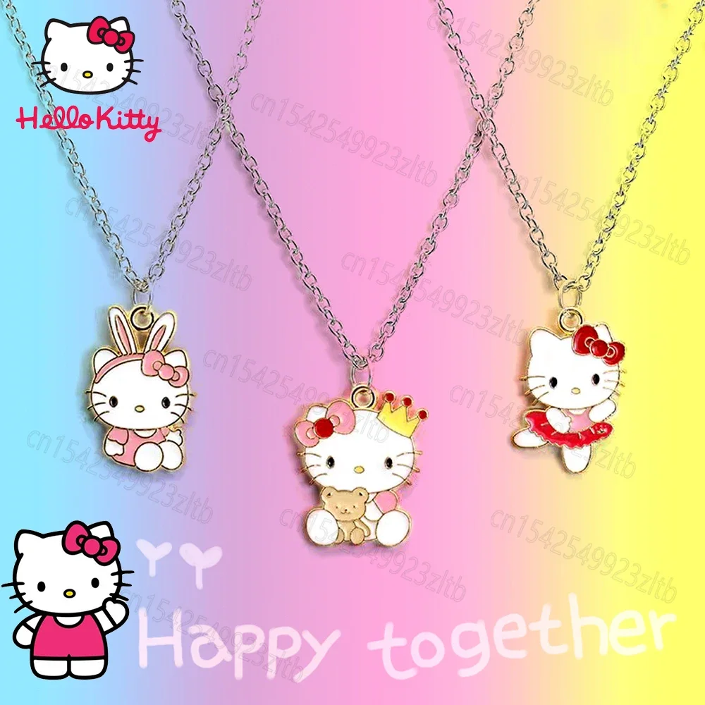 Kawaii Hello Kitty Sanrio Necklace Cartoon Women Couple Golden Pendant Fashion Jewelry Anime Creative Accessory Kids Girls