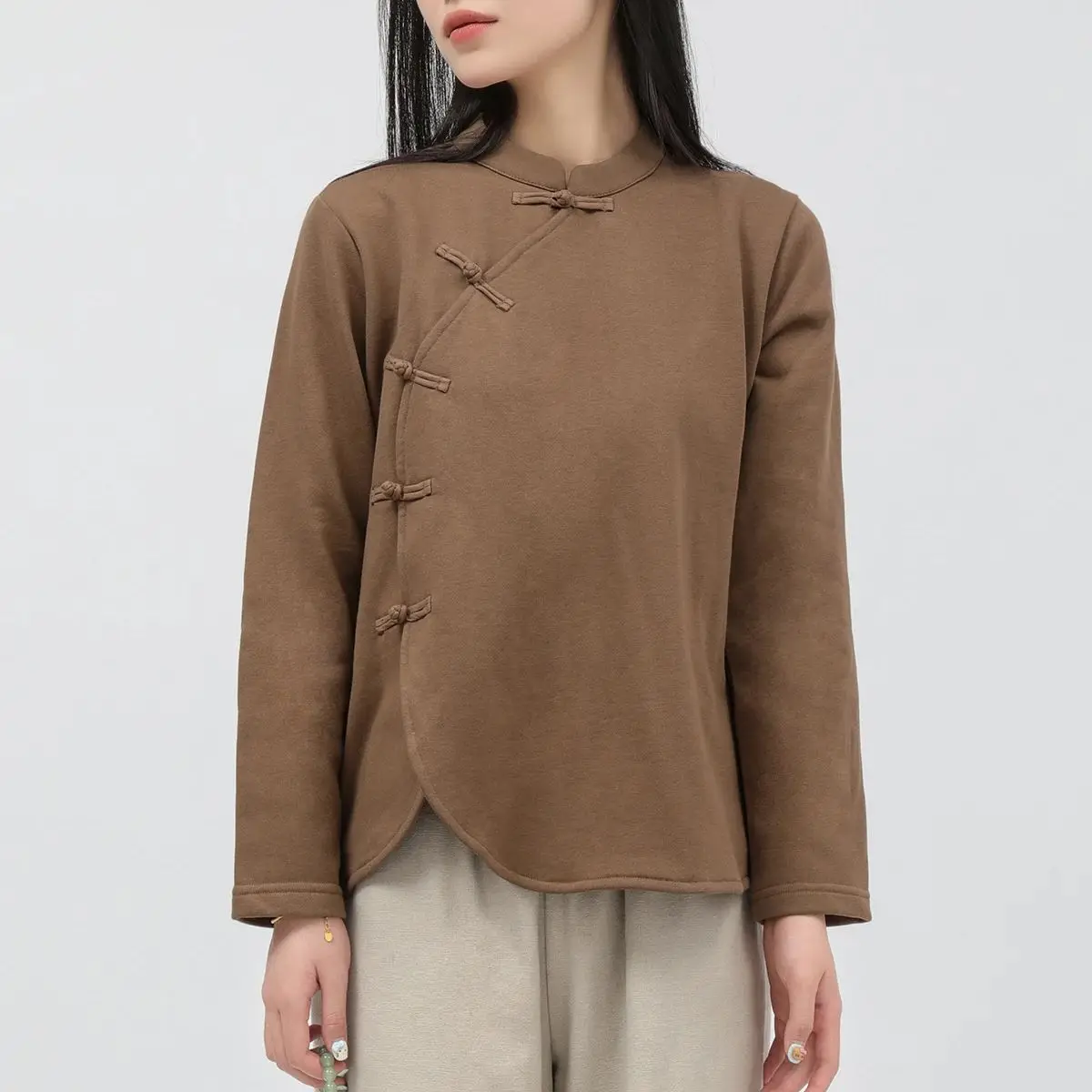 LZJN New Chinese Style National Wind Shirt, 2025 Spring Retro Zen Loose Oblique Collar Short-Length Long Sleeve Solid Color Top