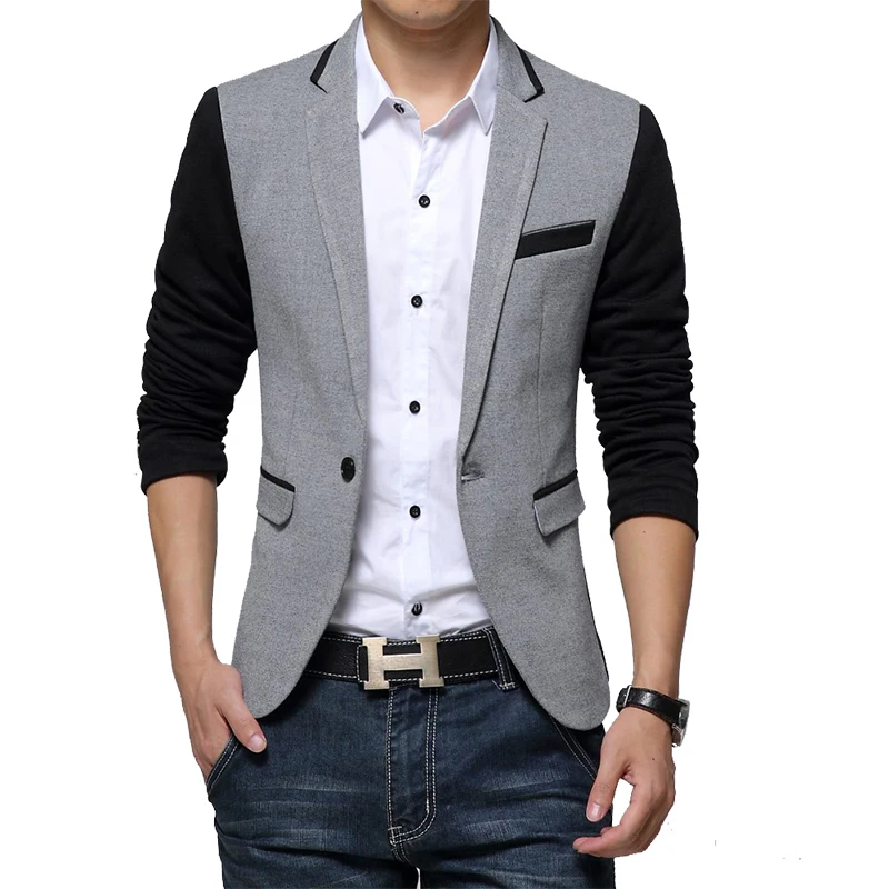 New Slim Fit Casual jacket Cotton Men Blazer Jacket Single Button Gray Mens Suit Jacket Autumn Patchwork Coat Male Suite