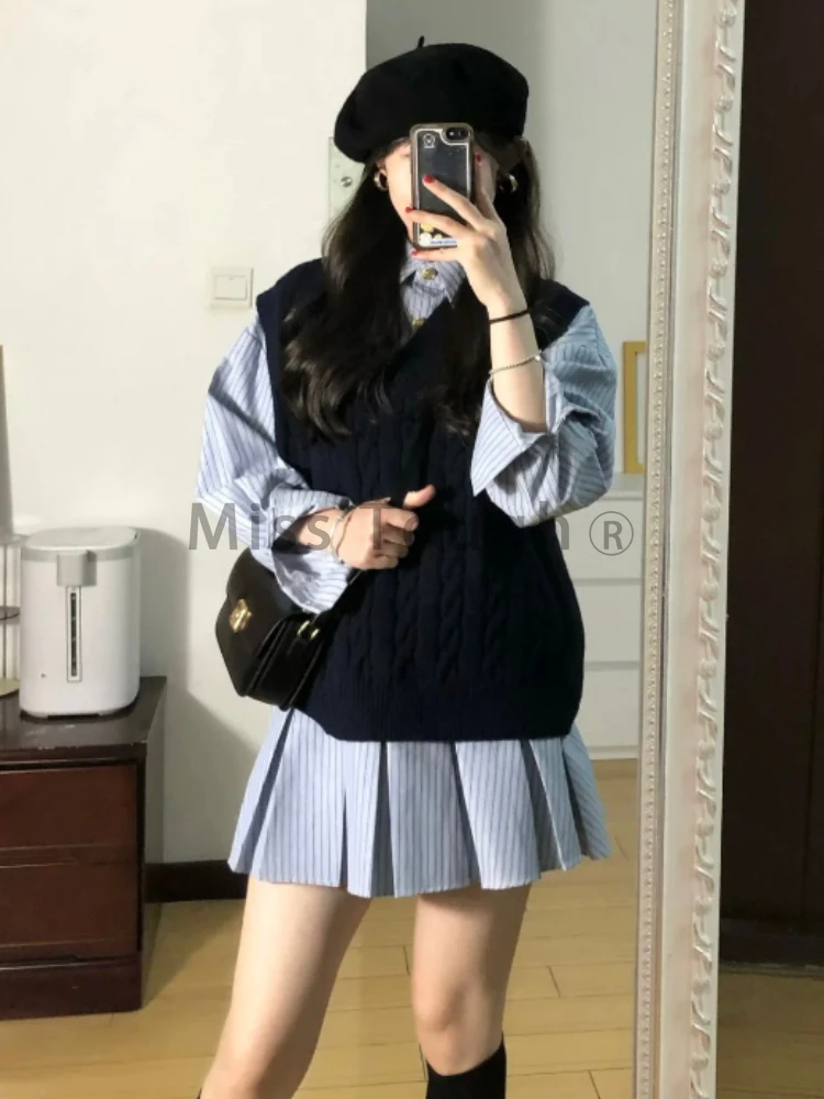 Autumn Preppy Style Lapel 2-piece Set Women Vintage Casual V-neck Solid Knitted Vest Female Fashion Long Sleeve Striped Dress