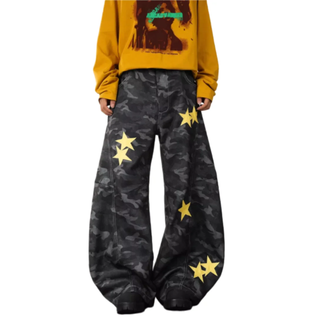 Unsiex Jeans 2026 High Street Star Print Jeans For Men High Street Versatile Loose Wide Leg Floor Length Denim Pants Trousers