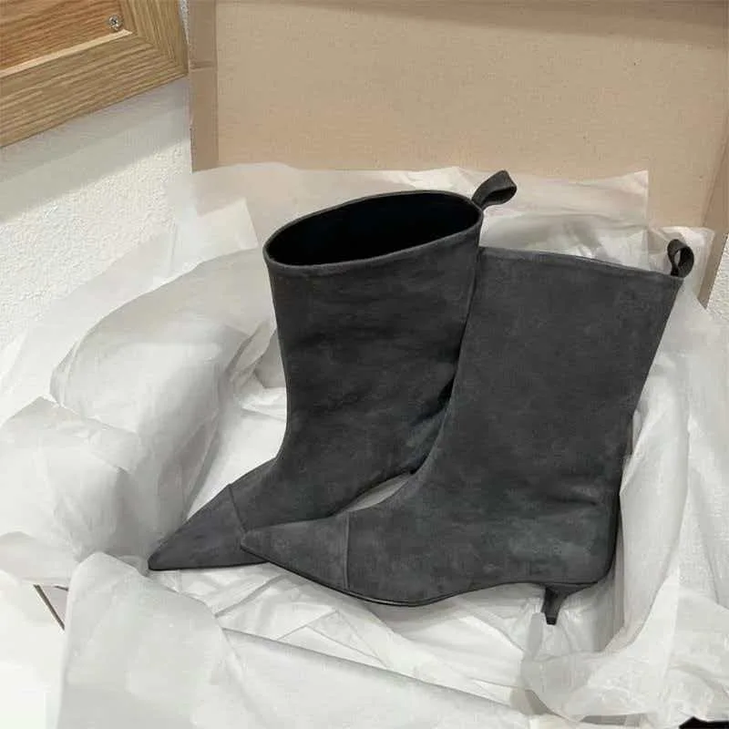 New Retro Versatile Simple Pointed Sleeve Mid-calf Boots Temperament Low-heeled Women's Shoes