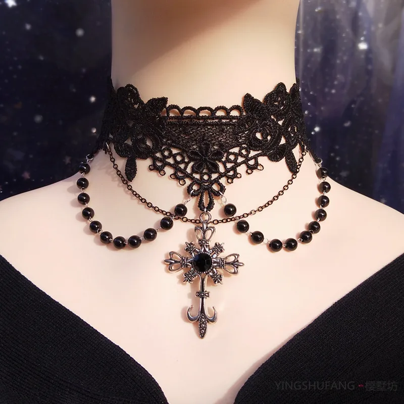 

Модное готическое черное кружевное колье в стиле Лолиты, ожерелье с крестом в стиле стимпанк, женские украшения в стиле панк, ручная работа, цепочка на ключицы, готическая пара