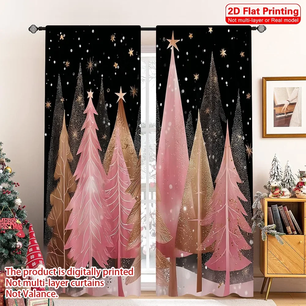 

2pcs 2D flat printing Fashionable Christmas curtains Pink Christmas Tree Forest Digital Printed Polyester Drapes Festive Holiday