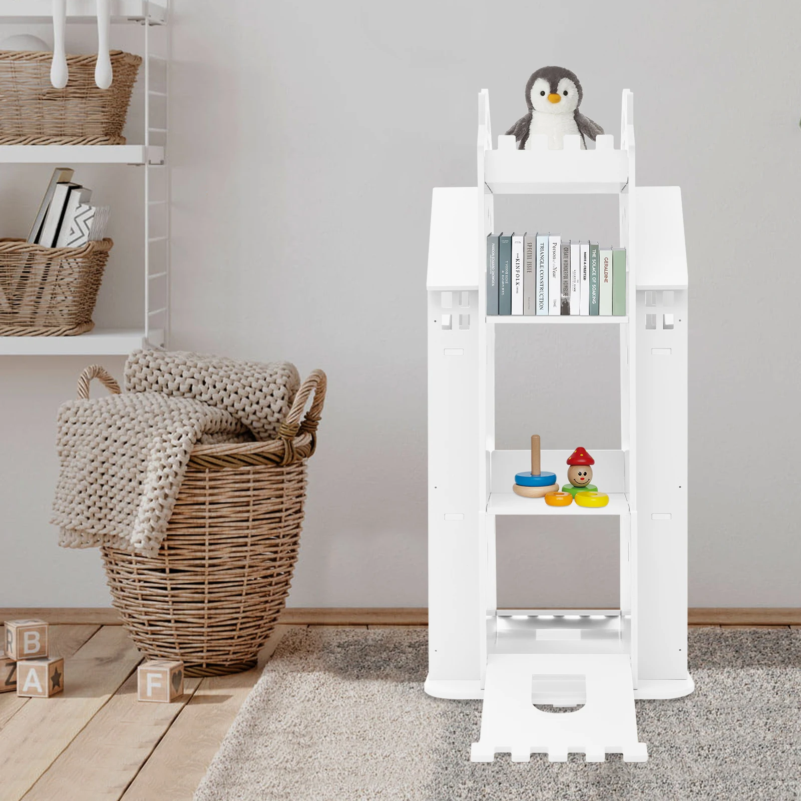 Rotating Children's Bookshelf, 95x41x41cm White Book Display Shelf, Floor Standing Bookshelf