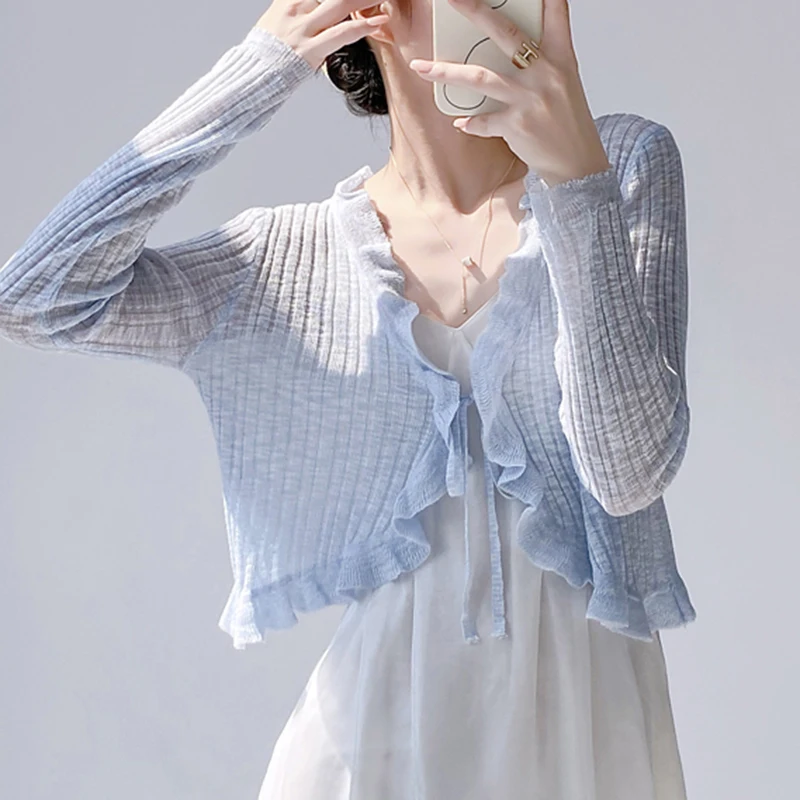 フリルトリムネクタイフロント長袖クロップトップ女性リブニットカーディガンセーターすくめトップ夏の十代の少女フェアリーコア衣装