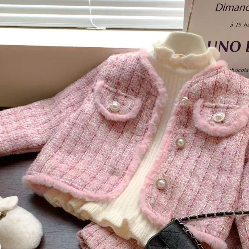 Autumn Winter Clothing New Girls' Small Fragrant Style Cotton Jacket Half Skirt Two-piece Set, Thickened and Stylish Set
