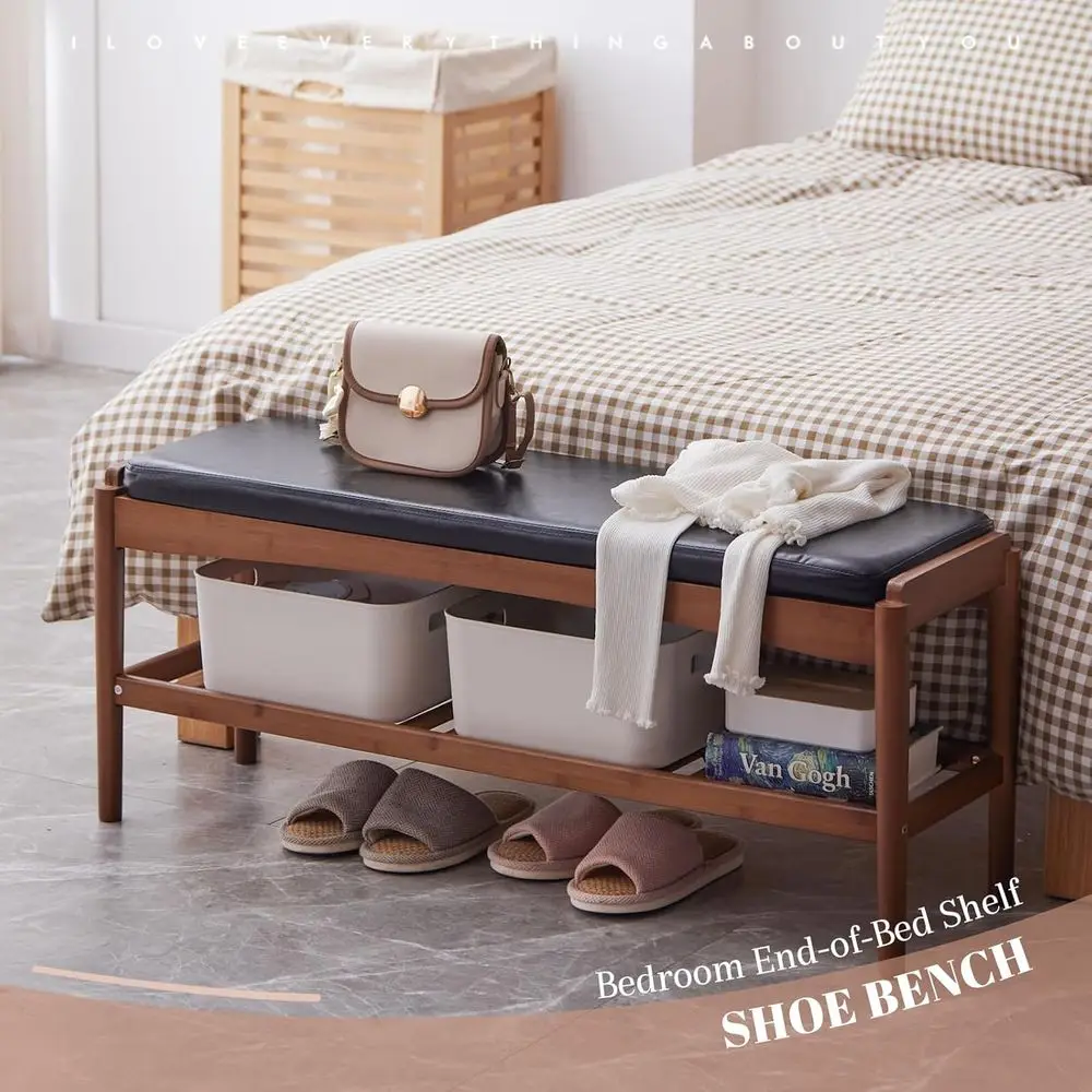 مقعد رف أحذية من الخيزران بطبقتين مع وسادة جلدية للمدخل والممر وغرفة المعيشة وغرفة النوم (قمة سوداء، إطار بني)