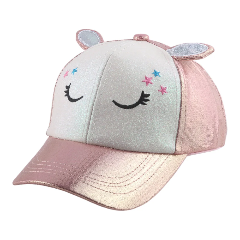 White Pink Girls Glitter Cap with Ears Kids Baseball Cap Sleepy Eyes Princess Cute Hat for Daughter 2 To 7years