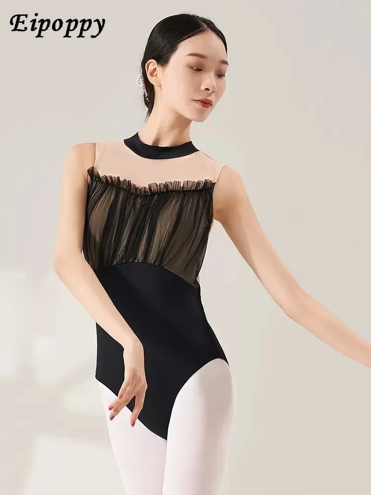 on the female adult's art of sleeveless acrobatic clothes with high-hip figure spliced by gauze in ballet dance clothes